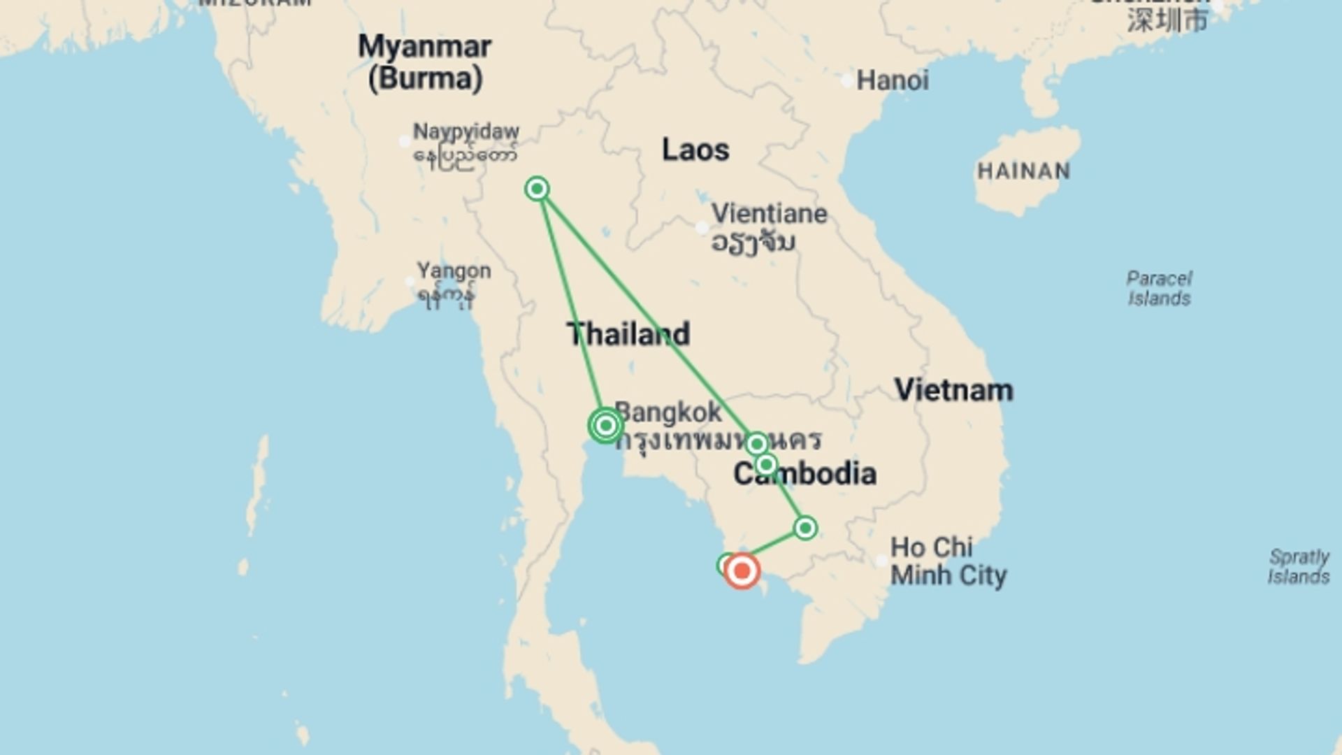 A map showing the tour itinerary for the trip: Hidden Charms of Thailand & Cambodia - 15 days, starting in Bangkok, Thailand and ending in Sihanoukville, Cambodia going through 5 other destinations.