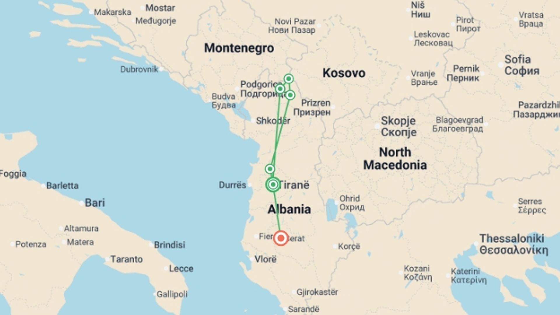 A map showing the tour itinerary for the trip: Walking in Albania (2026), starting in Tirana, Albania and ending in Berat, Albania going through 4 other destinations.