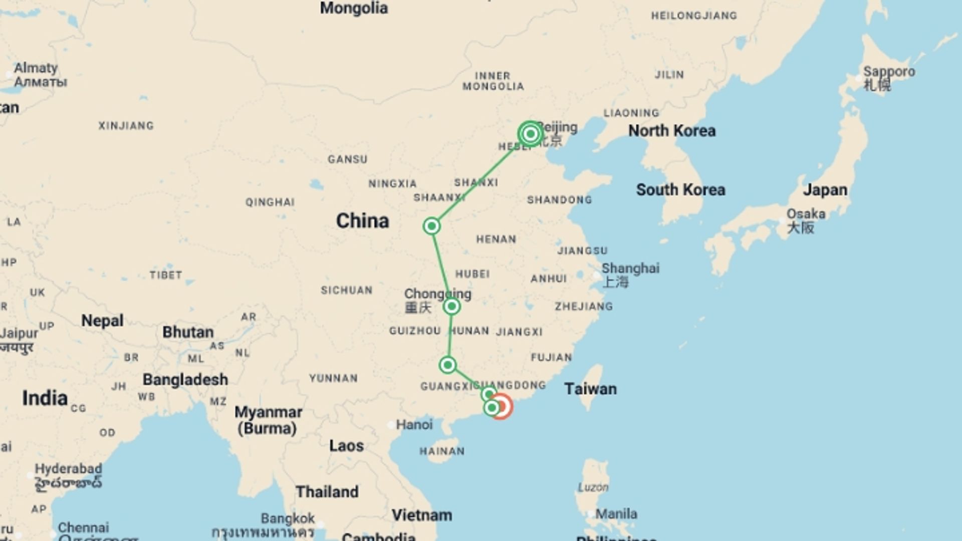 A map showing the tour itinerary for the trip: Discover the Magic of Avatar in China, starting in Beijing, China and ending in Hong Kong, Hong Kong going through 5 other destinations.