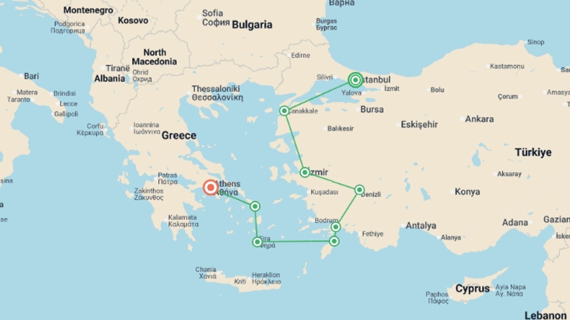 A map showing the tour itinerary for the trip: Turkey & Greece Discovered - 16 days, starting in Istanbul, Turkey and ending in Athens, Greece going through 7 other destinations.