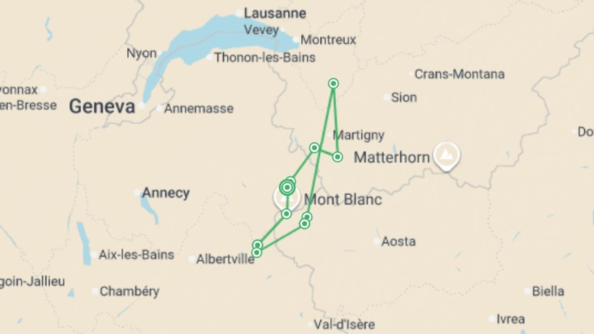 A map showing the tour itinerary for the trip: Tour du Mont Blanc Hotel Trek, starting in Chamonix, France and ending in Chamonix, France going through 9 other destinations.