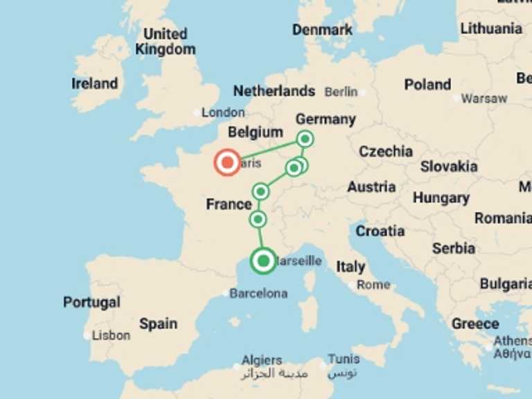 Map itinerary of France Tour in June 2026 with 7 destination visits for the trip: Cote d Azur, Burgundy, Alsace and Black Forest