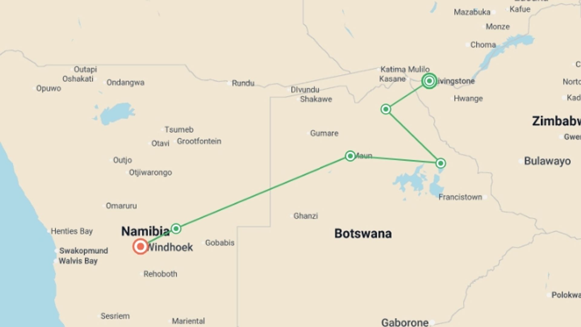 A map showing the tour itinerary for the trip: Chobe & Okavango Discovery - 8 days , starting in Livingstone, Zambia and ending in Windhoek, Namibia going through 4 other destinations.