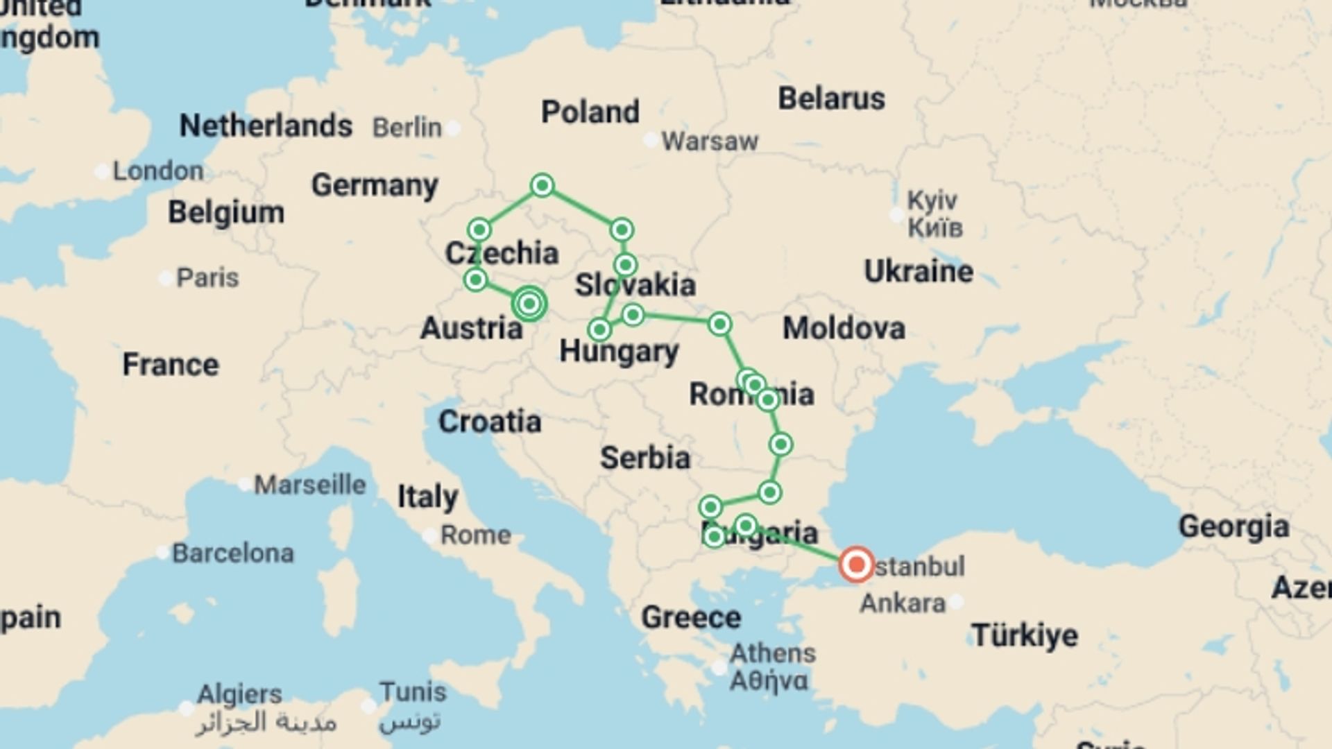 A map showing the tour itinerary for the trip: The Best of Eastern Europe, starting in Vienna, Austria and ending in Istanbul, Turkey going through 16 other destinations.