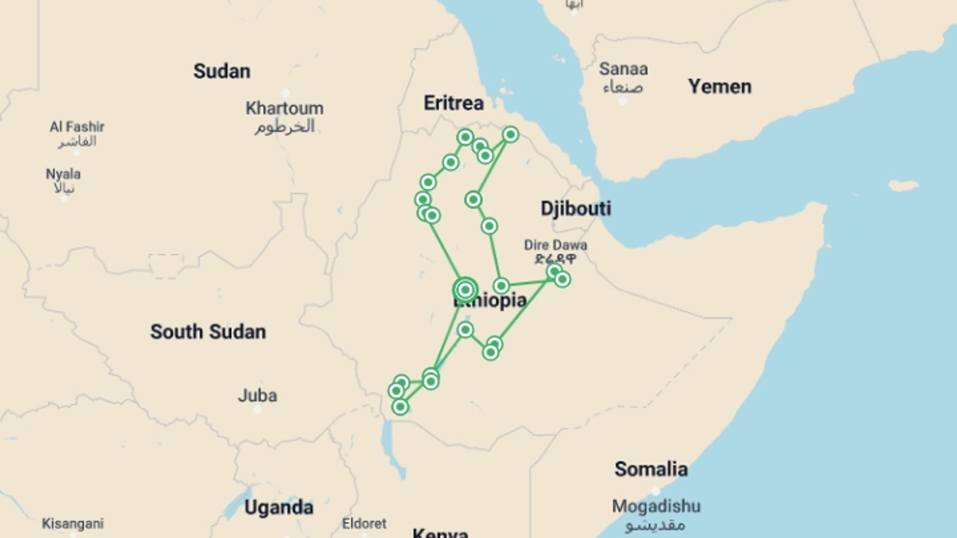 A map showing the tour itinerary for the trip: Complete Ethiopia, starting in Addis Ababa, Ethiopia and ending in Addis Ababa, Ethiopia going through 20 other destinations.