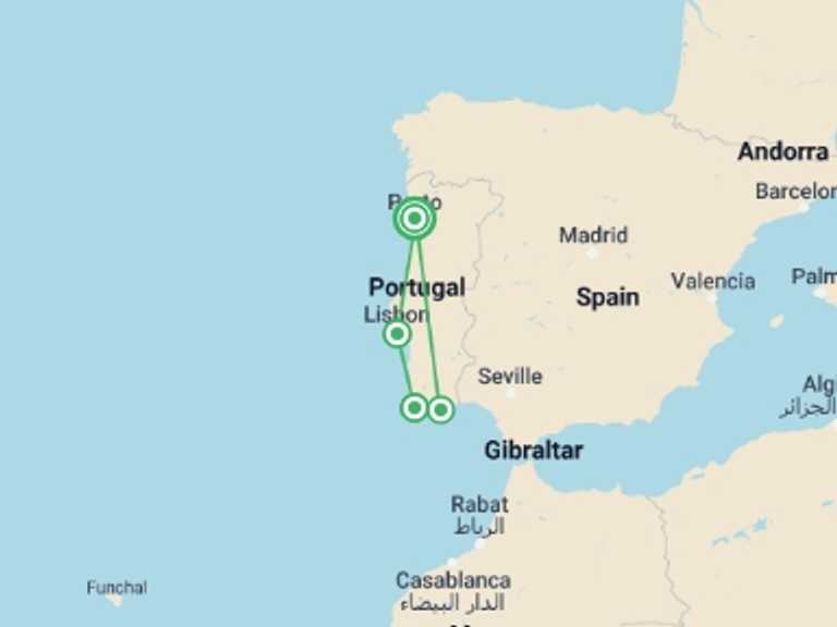 Map itinerary of Lisbon Tour in December 2025 with 4 destination visits for the trip: Portugal North And South, Self-drive