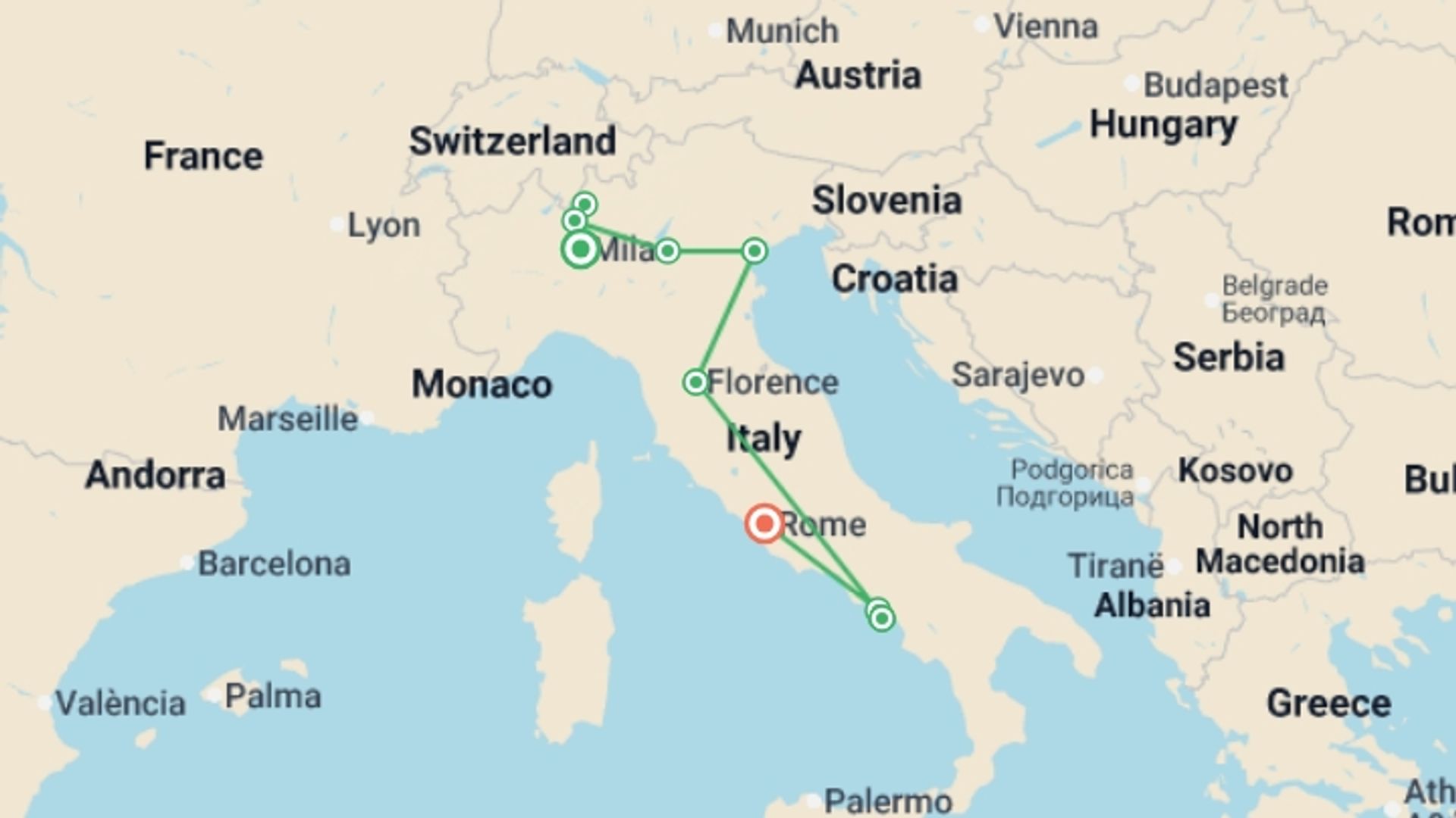 A map showing the tour itinerary for the trip: Italian Glory, starting in Milan, Italy and ending in Rome, Italy going through 5 other destinations.