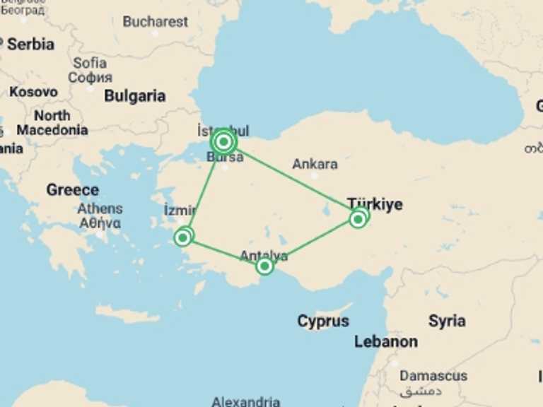 Map of Europe Tour with 8 destination visits for the trip: 10 Days - Turkish Breeze