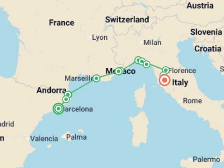 Map of Barcelona Sightseeing Tour with 8 destination visits for the trip: Mediterranean Coastal Journey Spain, France & Italy