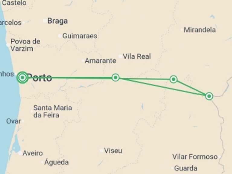 Map of Europe Tour with 4 destination visits for the trip: Porto, the Douro valley (Portugal) and Salamanca (Spain) 	(port-to-port cruise)