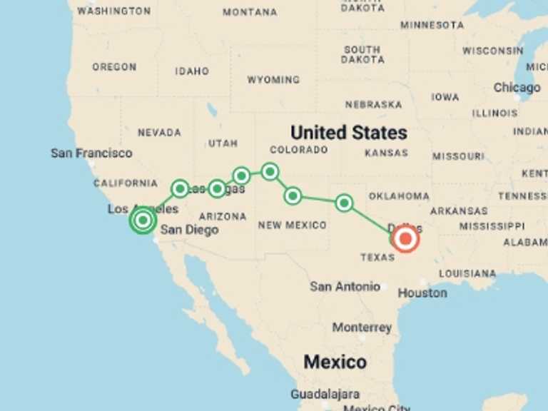 Map of Los Angeles Adventure Tour with 9 destination visits for the trip: USA: LA to Dallas