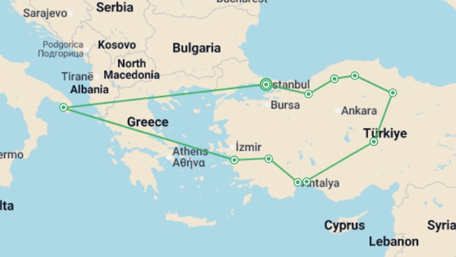 A map showing the tour itinerary for the trip: Turkish Odyssey, starting in Istanbul, Turkey and ending in Istanbul, Turkey going through 10 other destinations.
