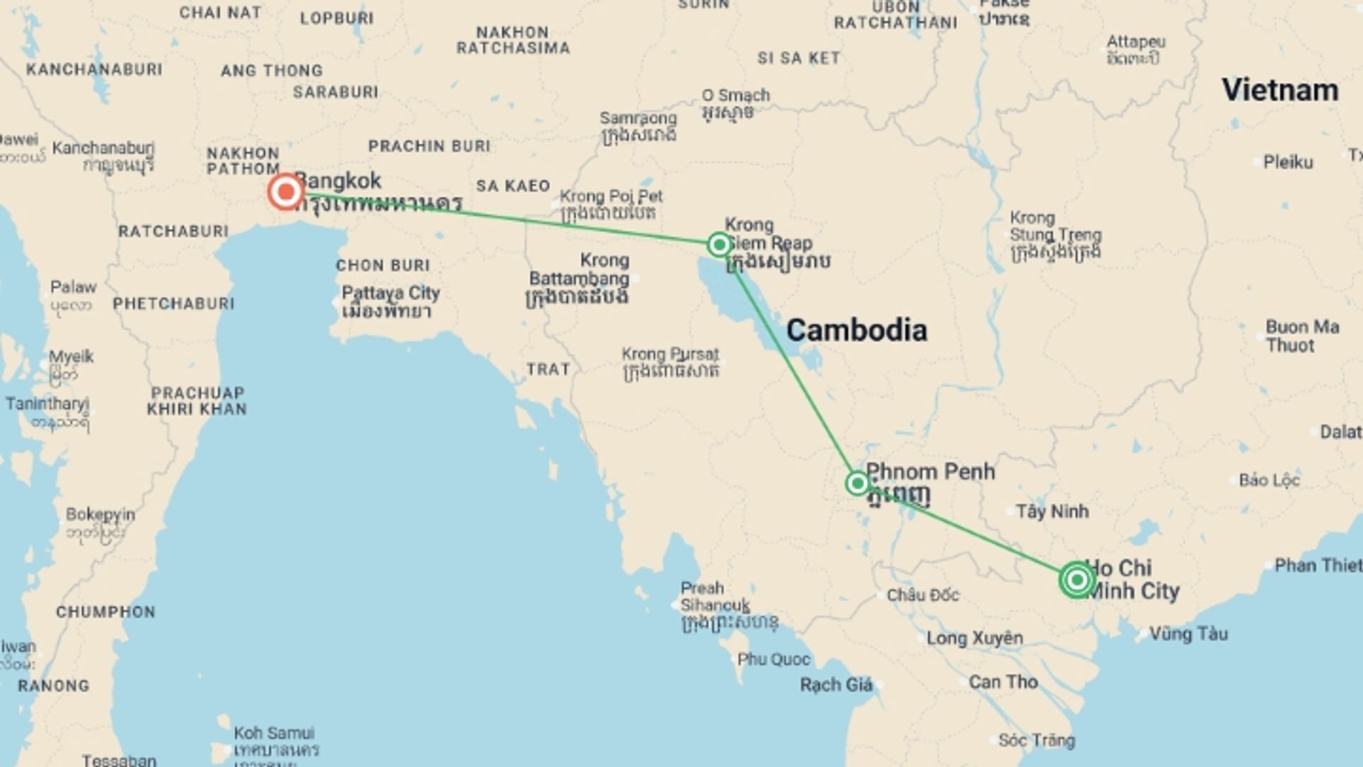A map showing the tour itinerary for the trip: Cambodia Experience, starting in Ho Chi Minh City, Vietnam and ending in Bangkok, Thailand going through 2 other destinations.
