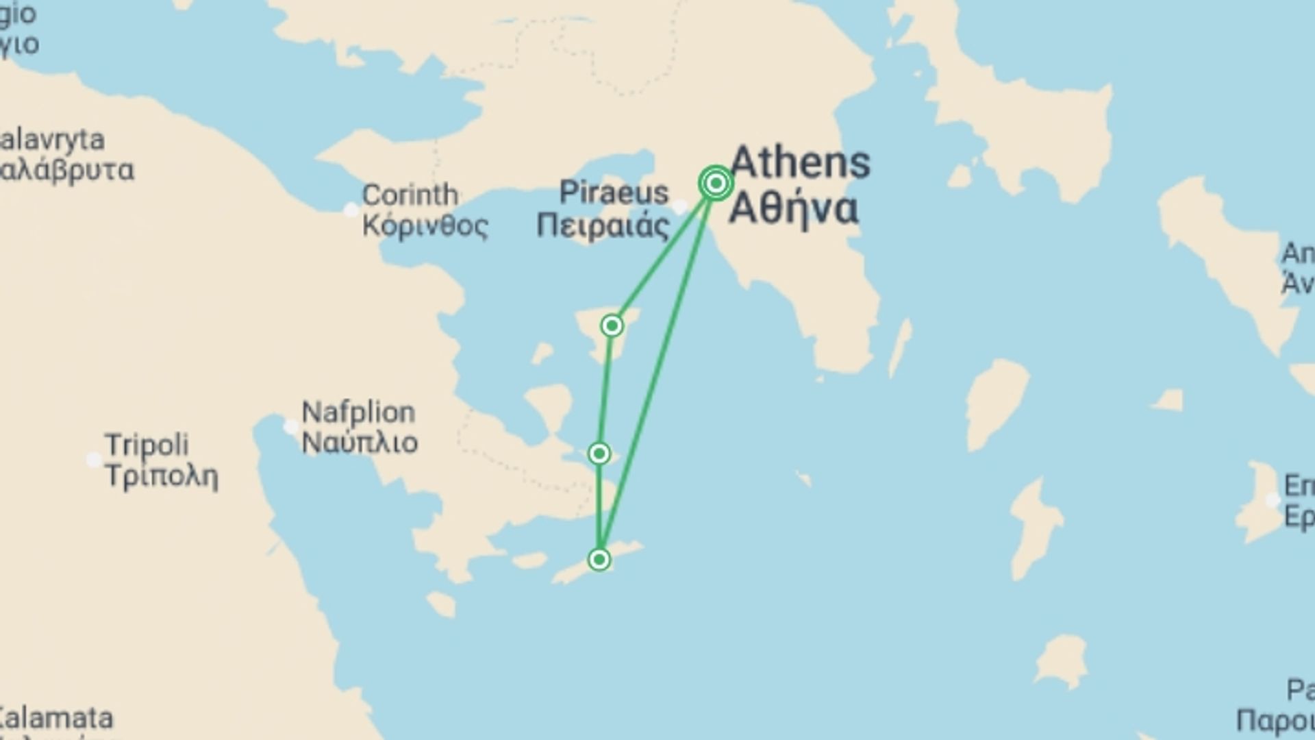 A map showing the tour itinerary for the trip: Athens & Island Escape - 4 days, starting in Athens, Greece and ending in Athens, Greece going through 0 other destinations.