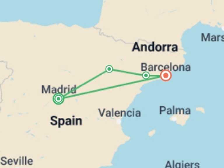 Map itinerary of Spain Tour in February 2026 with 2 destination visits for the trip: Madrid and Barcelona dept Saturday