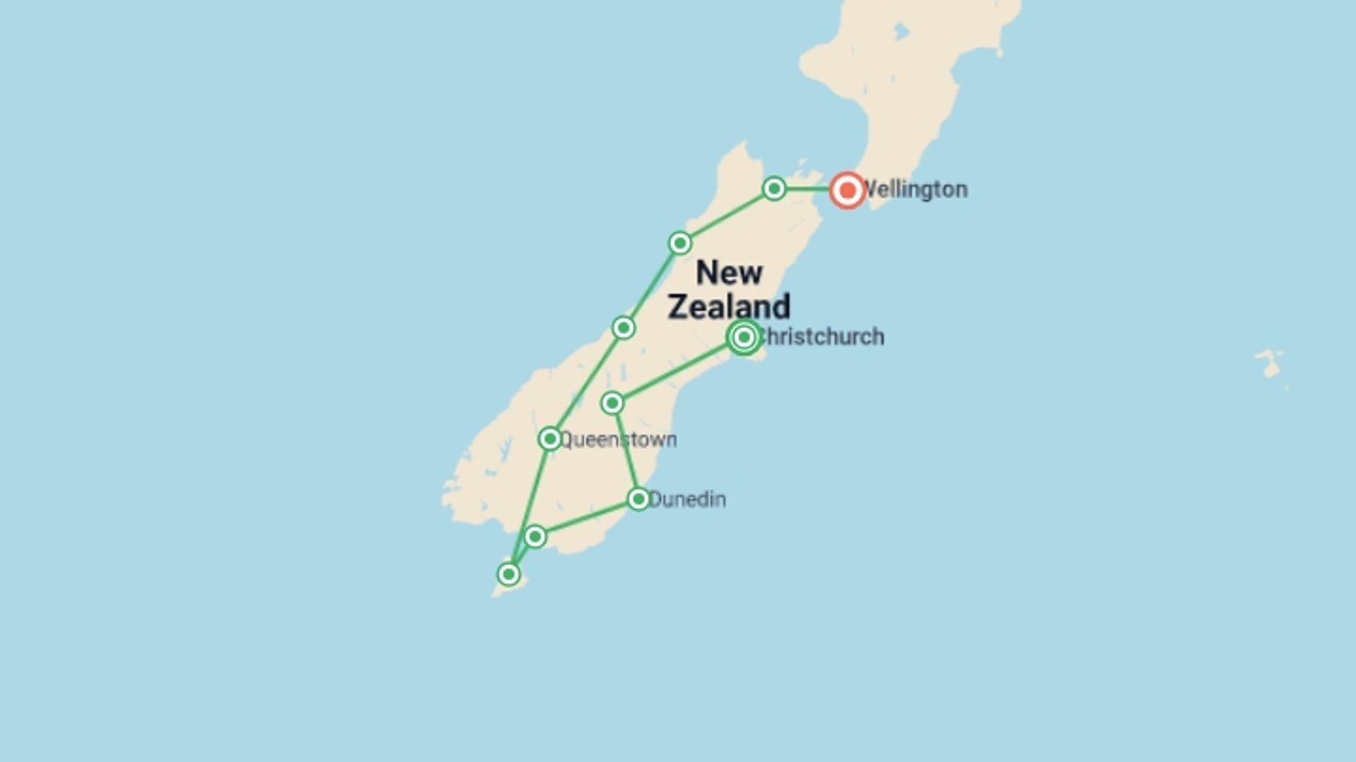 A map showing the tour itinerary for the trip: Southern Spirit, starting in Christchurch, New Zealand and ending in Wellington, New Zealand going through 8 other destinations.