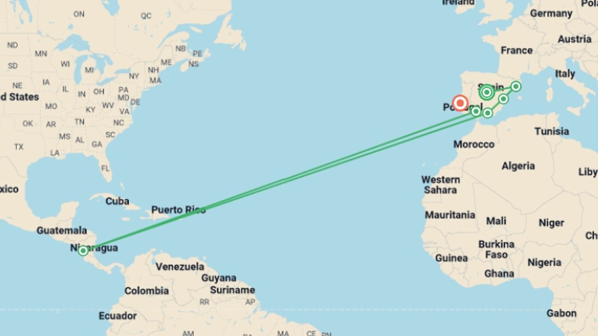 A map showing the tour itinerary for the trip: Spanish Ring with Lisbon, starting in Madrid, Spain and ending in Lisbon, Portugal going through 5 other destinations.