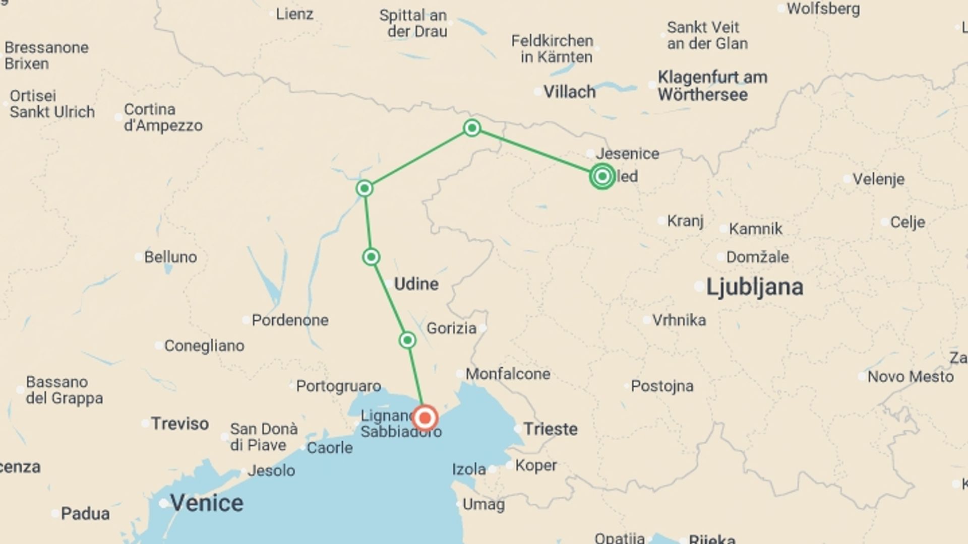 A map showing the tour itinerary for the trip: Julian Alps to the Adriatic Self-Guided Cycling, starting in Bled, Slovenia and ending in Grado, Italy going through 4 other destinations.
