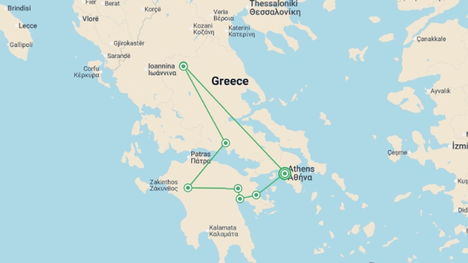 A map showing the tour itinerary for the trip: Charming Greece - 7 days, starting in Athens, Greece and ending in Athens, Greece going through 3 other destinations.