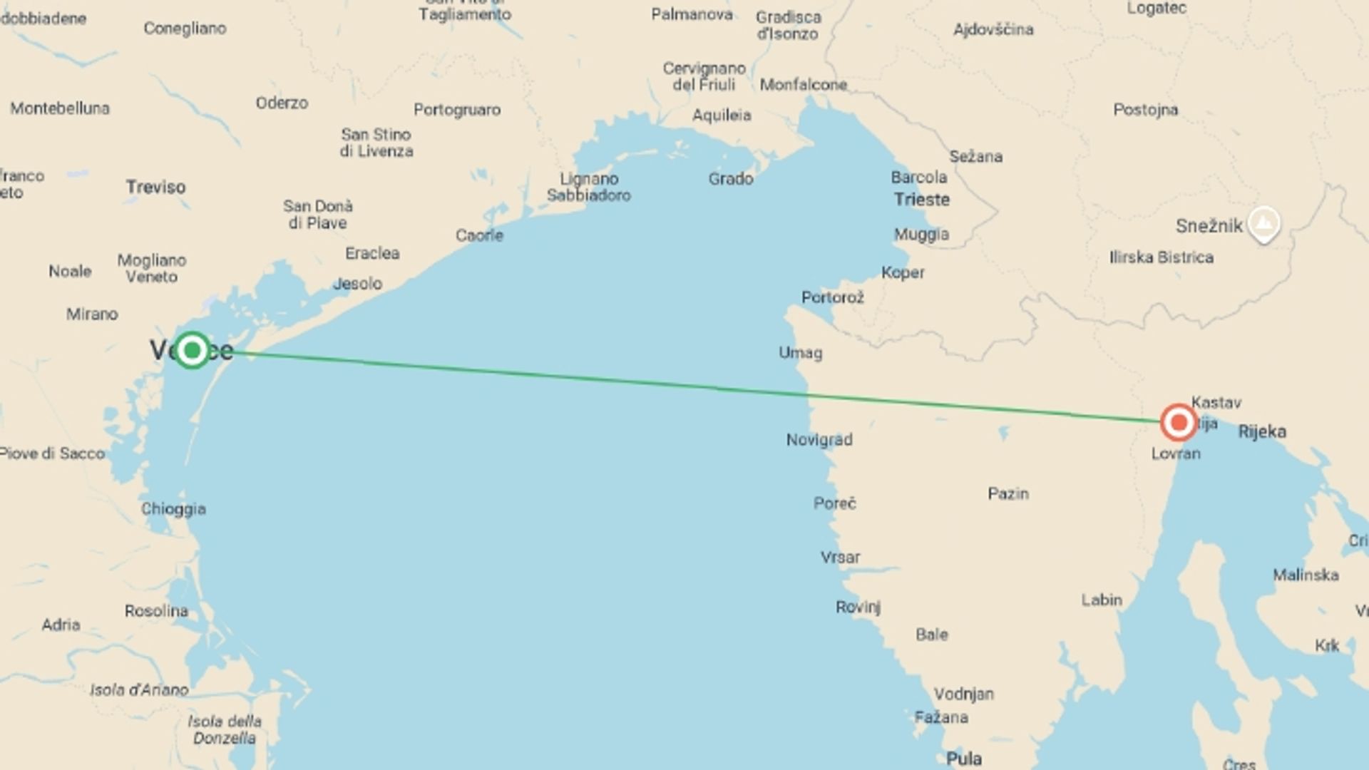 A map showing the tour itinerary for the trip: Venice to Opatija - 4 days, starting in Venice, Italy and ending in Opatija, Croatia going through 0 other destinations.