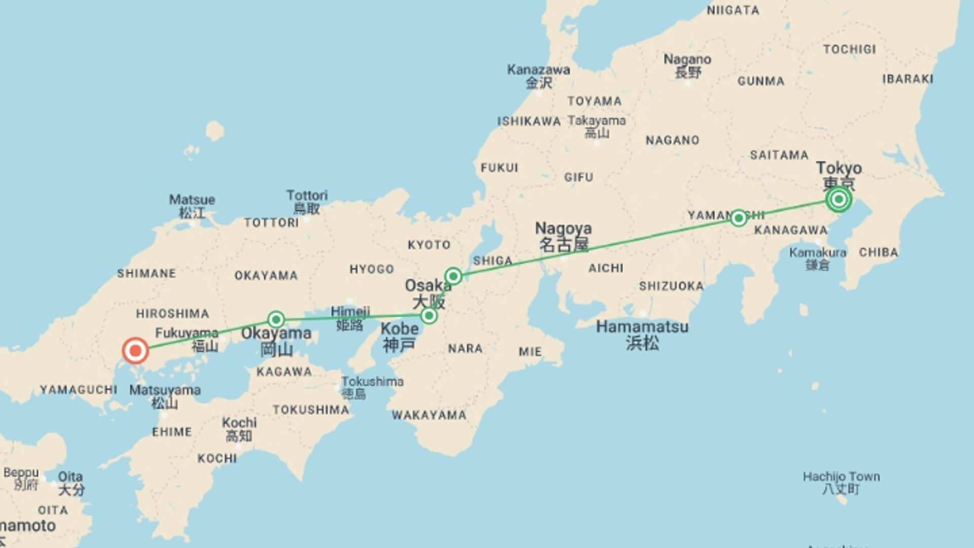 A map showing the tour itinerary for the trip: Contrasts of Japan, starting in Tokyo, Japan and ending in Hiroshima, Japan going through 4 other destinations.