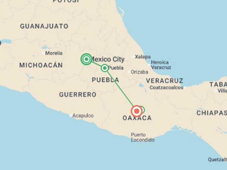 Map itinerary of North America Tour in Fall with 4 destination visits for the trip: Mexico City to Oaxaca with Zapotec Village Hiking
