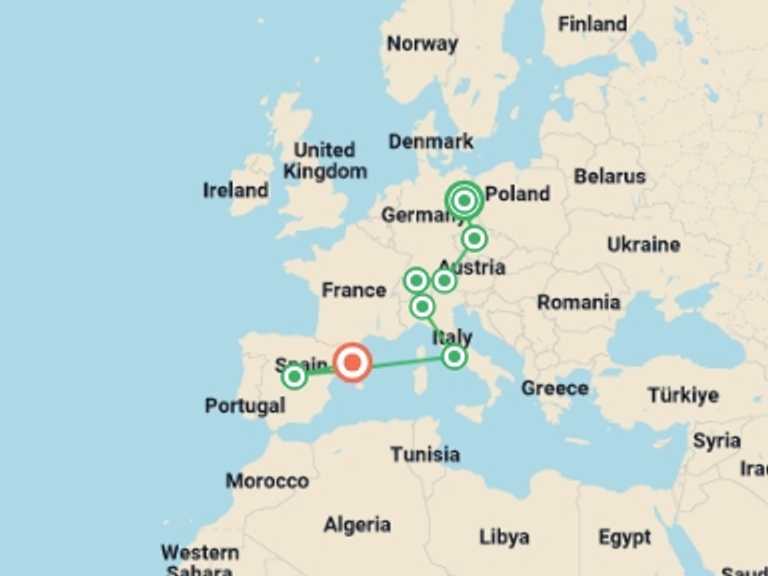 Map itinerary of Europe Tour in Fall with 8 destination visits for the trip: Europe: from North to South GO