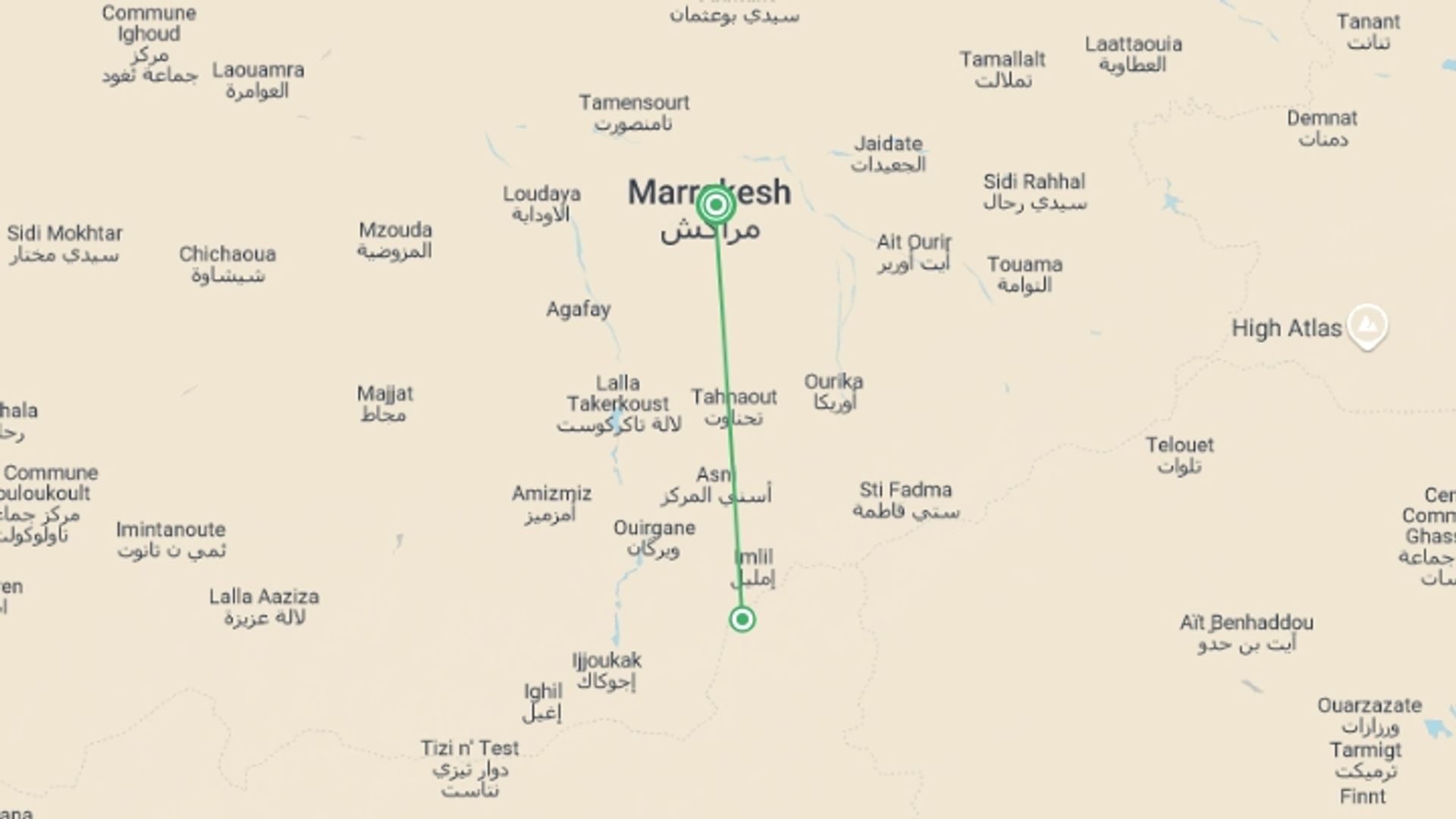 A map showing the tour itinerary for the trip: Mount Toubkal Climb, starting in Marrakech, Morocco and ending in Marrakech, Morocco going through 2 other destinations.