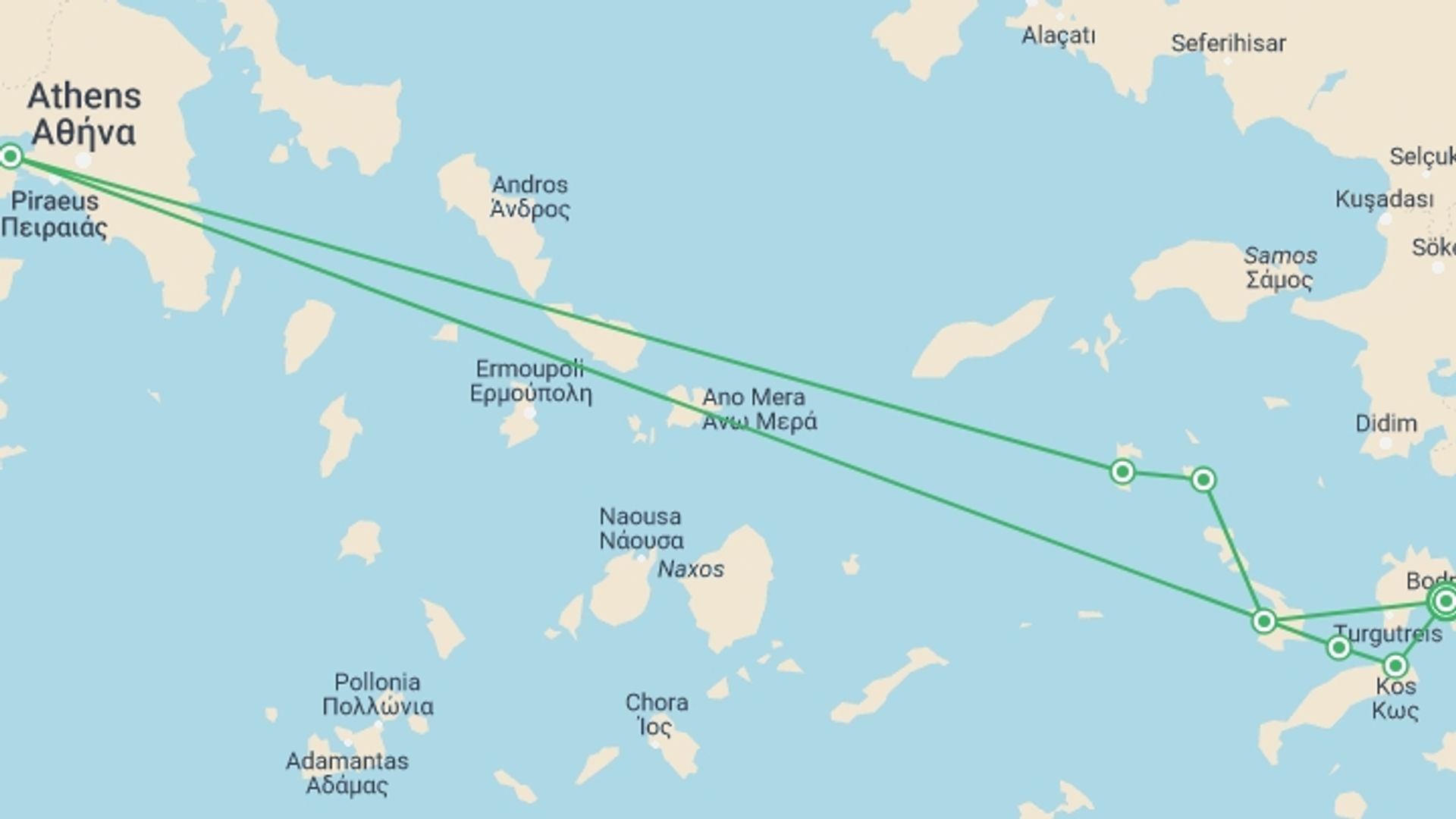 A map showing the tour itinerary for the trip: Bodrum and the Greek Islands, starting in undefined, Turkey and ending in undefined, Turkey going through 3 other destinations.