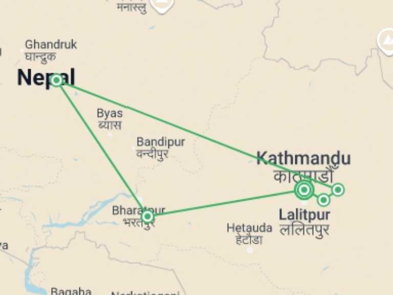 Map itinerary of Nepal Tour in Winter with 5 destination visits for the trip: Premium Nepal Tour
