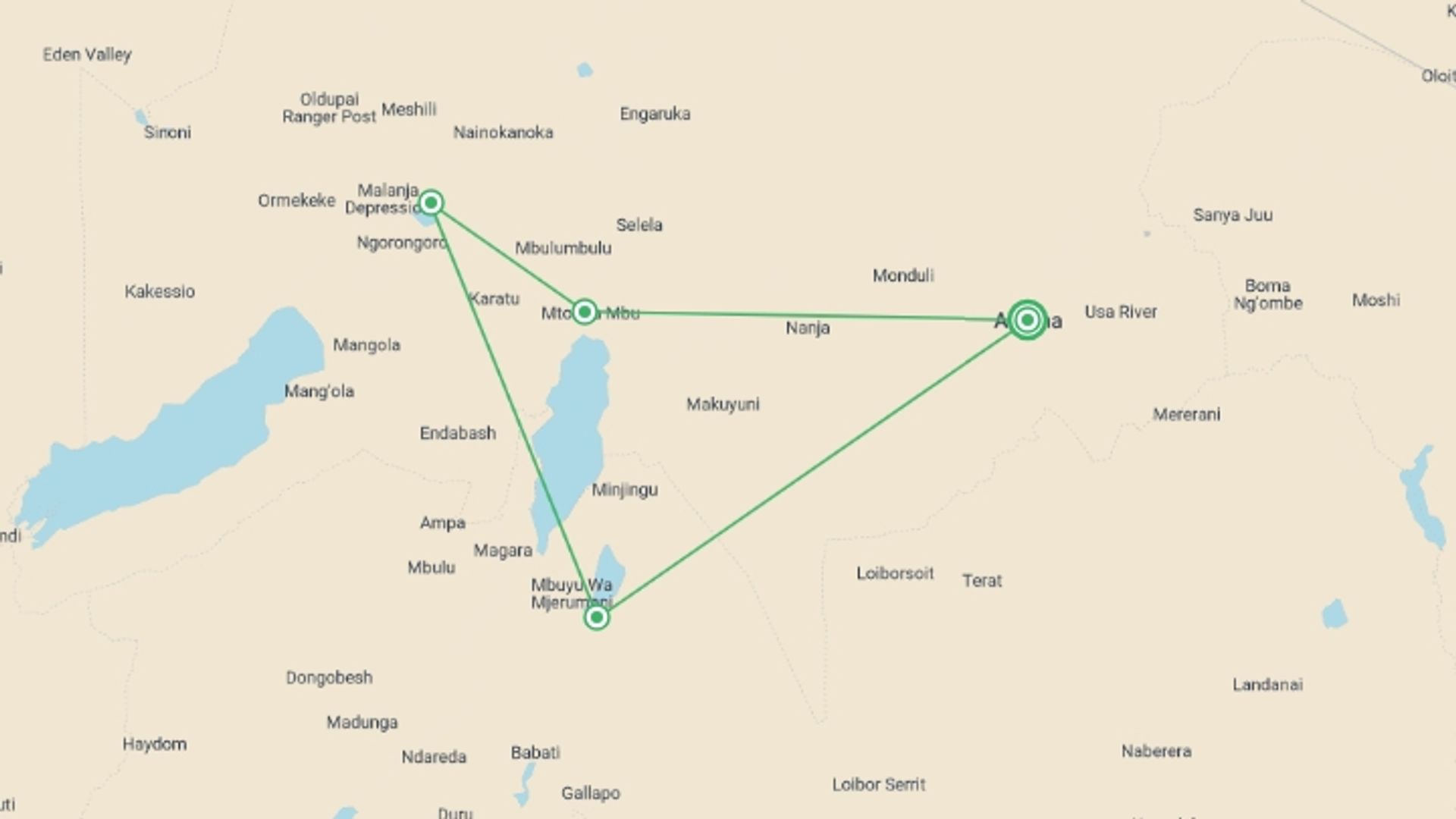 A map showing the tour itinerary for the trip: 3 Day Tanzania Safari Tarangire, Lake Manyara, Ngorongoro, starting in Arusha, Tanzania and ending in Arusha, Tanzania going through 3 other destinations.