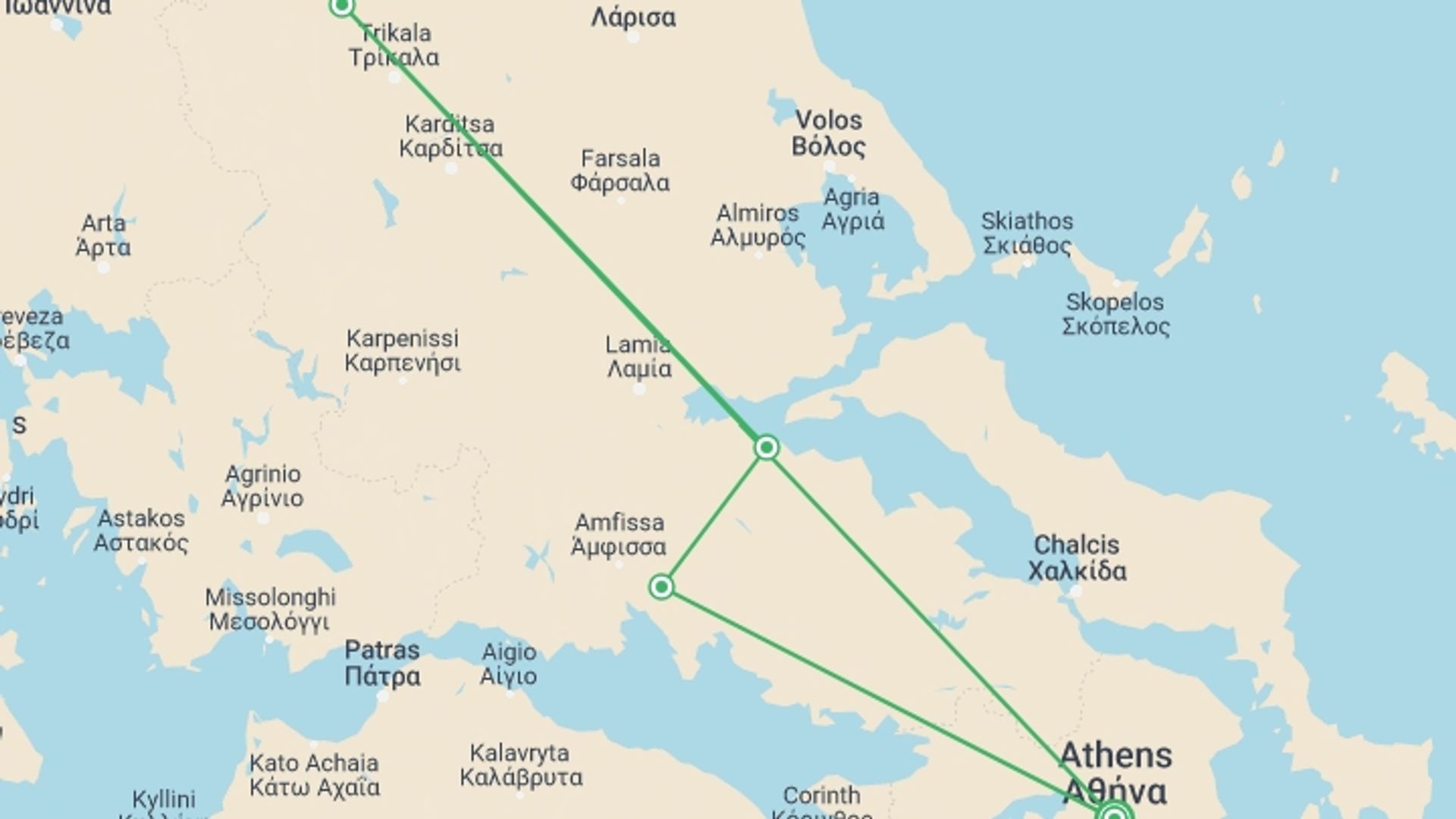 A map showing the tour itinerary for the trip: Athens and Northern Greece with Meteoras, starting in Athens, Greece and ending in Athens, Greece going through 2 other destinations.