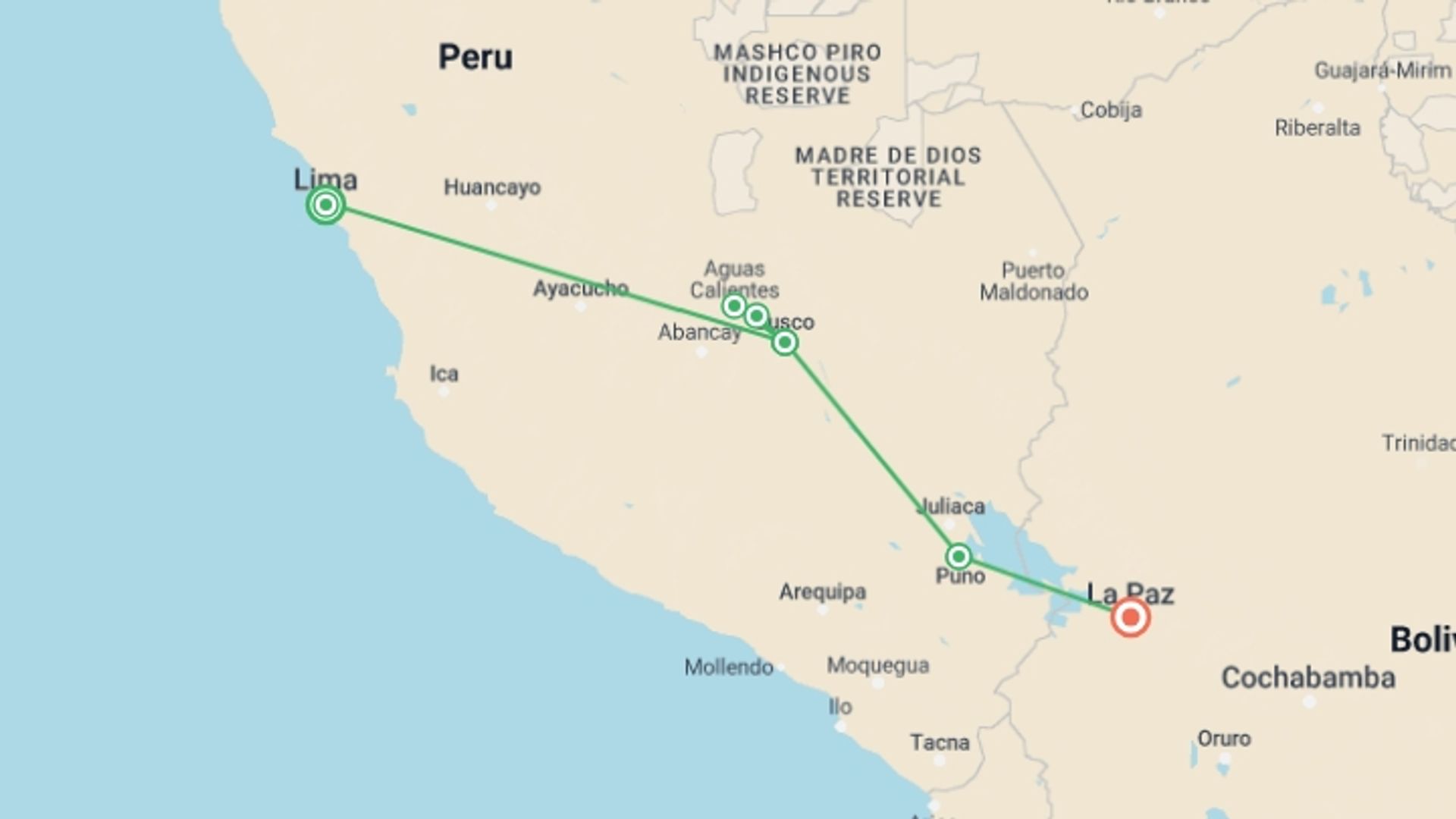 A map showing the tour itinerary for the trip: South America Adventure: Lima to La Paz, starting in Lima, Peru and ending in La Paz, Bolivia going through 4 other destinations.