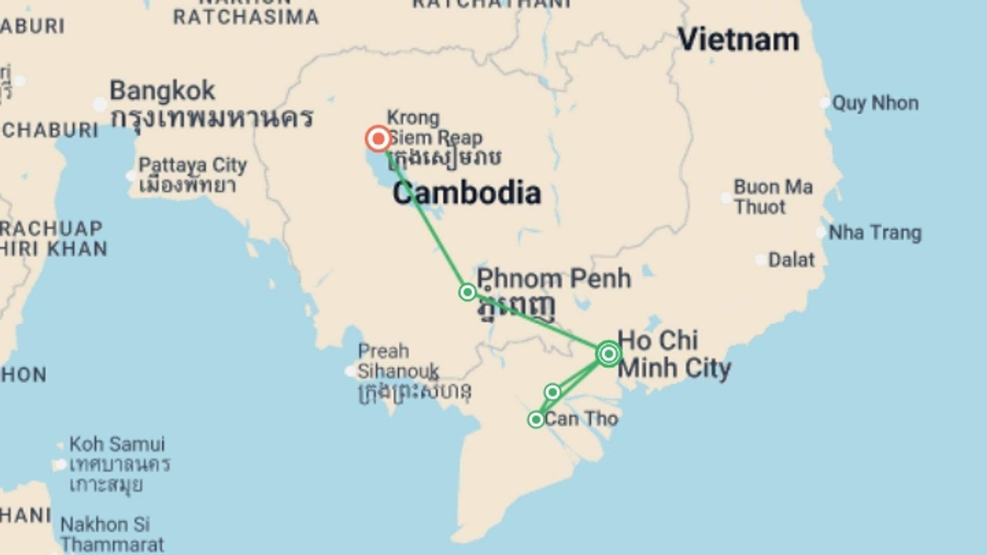 A map showing the tour itinerary for the trip: Saigon to Siem Reap (Partially Guided) - 8 days, starting in Ho Chi Minh City, Vietnam and ending in Siem Reap, Cambodia going through 2 other destinations.