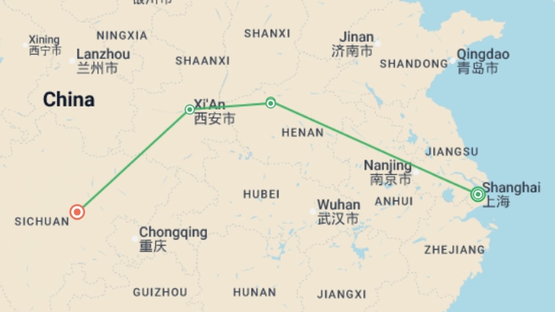 A map showing the tour itinerary for the trip: Classical China and Chengdu, starting in Shanghai, China and ending in Chengdu, China going through 3 other destinations.