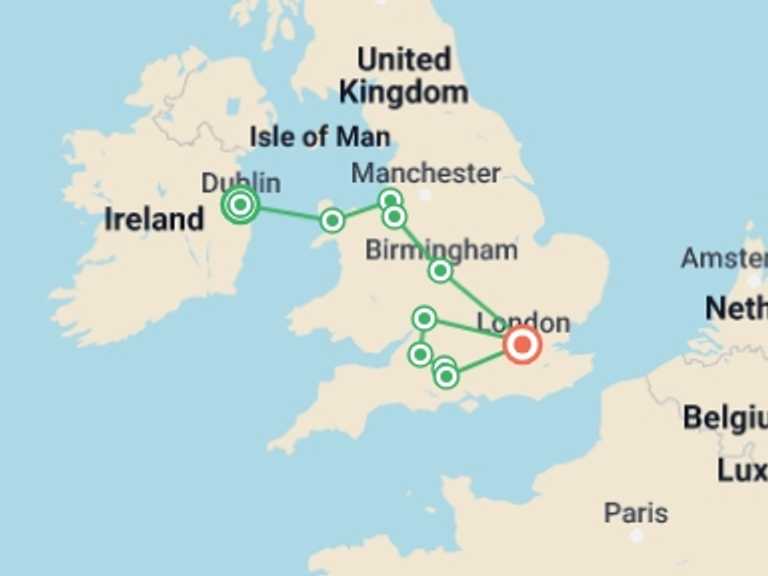 Map of London Explorer Tour with 5 destination visits for the trip: From Dublin to Southern England