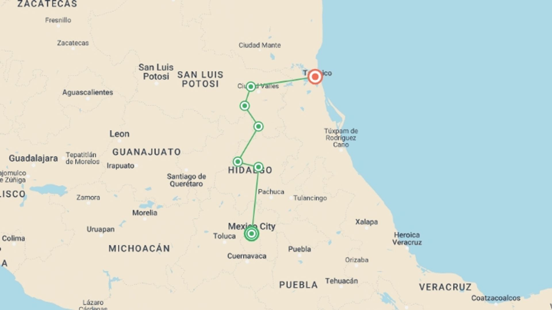 A map showing the tour itinerary for the trip: Huasteca Potosina: Dive In Mystical Waters And Timeless Treasures (9 Days Tour), starting in Mexico City, Mexico and ending in Tampico, Mexico going through 5 other destinations.