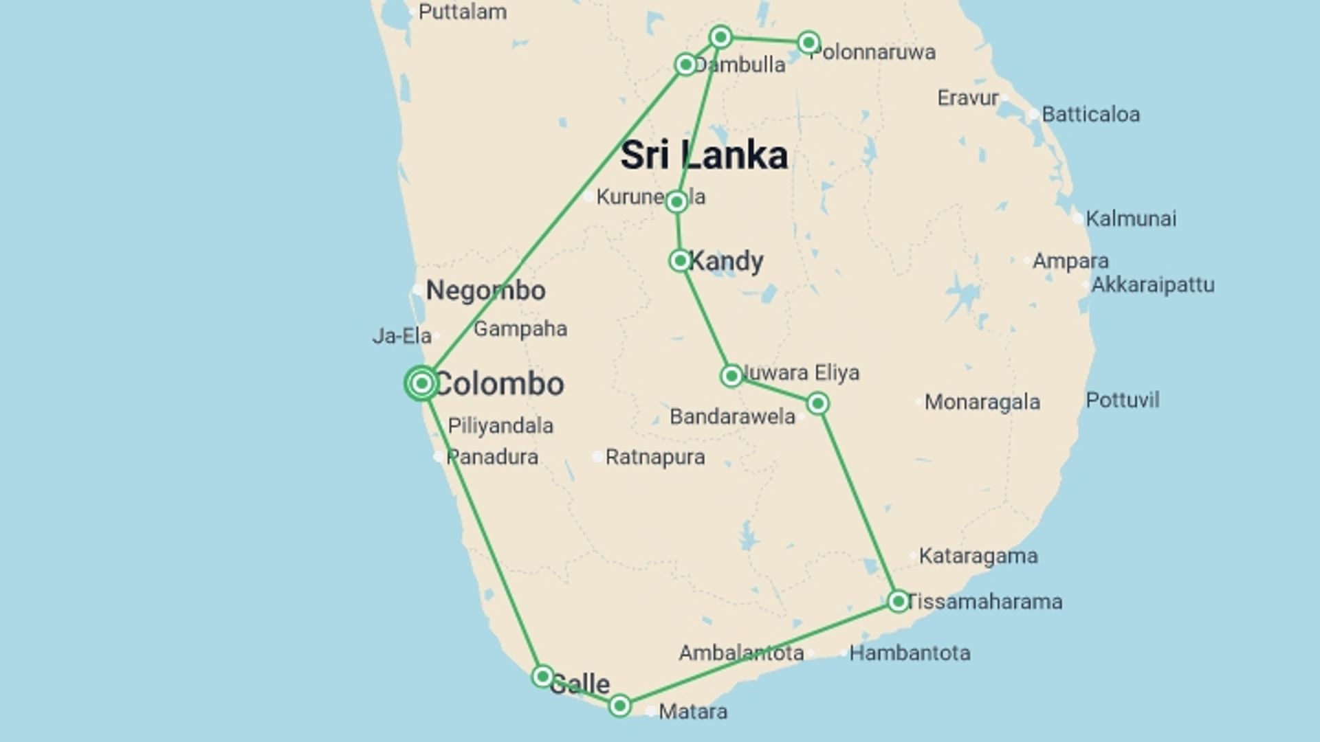 A map showing the tour itinerary for the trip: Pearl Of The Indian Ocean, Private Tour, starting in Colombo, Sri Lanka and ending in Colombo, Sri Lanka going through 4 other destinations.