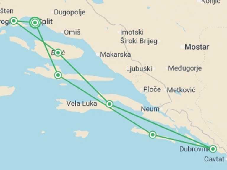 Map of Europe Tour with 7 destination visits for the trip: Dalmatian Highlights Split And Dubrovnik Region Cruise (superior Boat Category)
