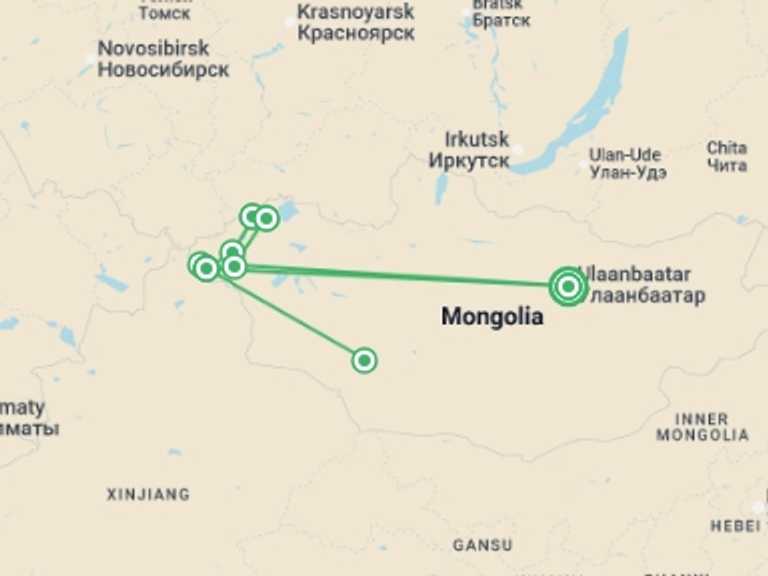 Map of Asia Adventure Tour with 8 destination visits for the trip: Mongolian Panorama
