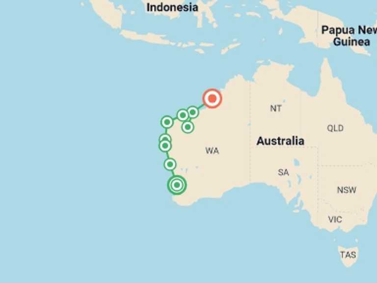 Map of a Adventure and sport Tour with 9 destination visits for the trip: Wonders of the Pilbara and West Coast