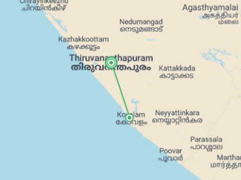 Map of a Chill out Tour with 2 destination visits for the trip: Kovalam Beach - 5 days