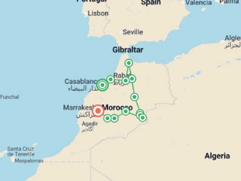 Map itinerary of Marrakech Tour in October 2026 with 8 destination visits for the trip: Majestic Morocco
