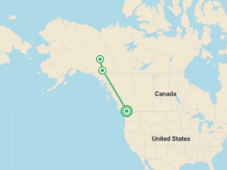 Map of Canada Tour with 3 destination visits for the trip: Yukon & Northern Lights - 4 days