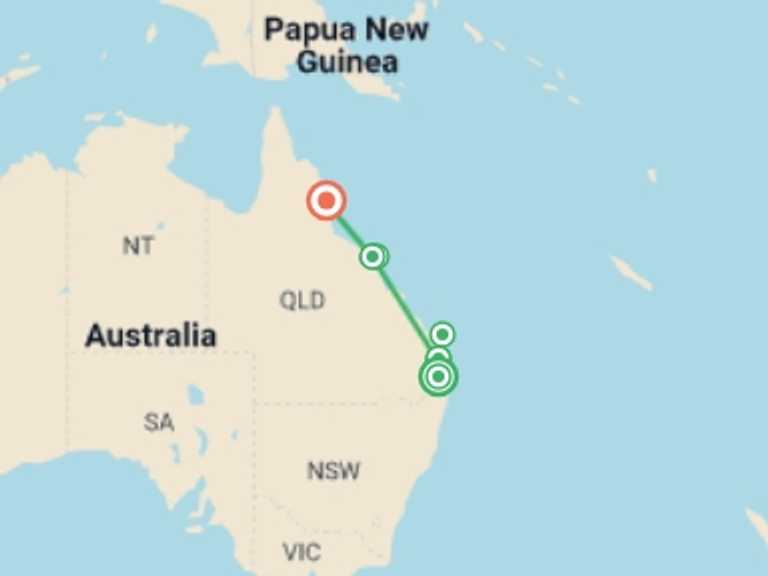 Map itinerary of Oceania Tour in October 2026 with 7 destination visits for the trip: Brisbane to Cairns Experience: Sand Dunes & the Whitsundays