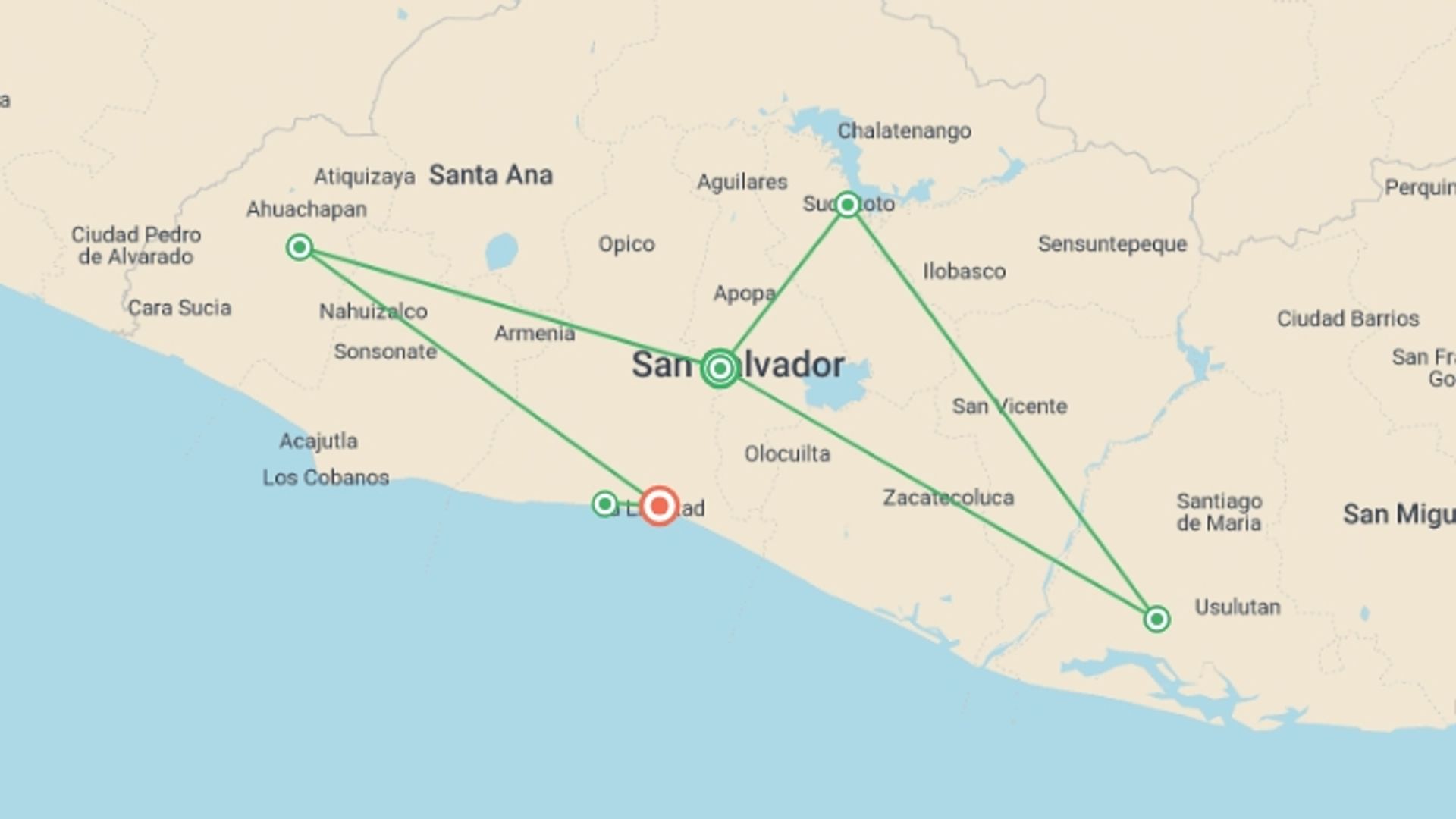 A map showing the tour itinerary for the trip: Highlights of El Salvador, starting in San Salvador, El Salvador and ending in La Libertad, El Salvador going through 4 other destinations.