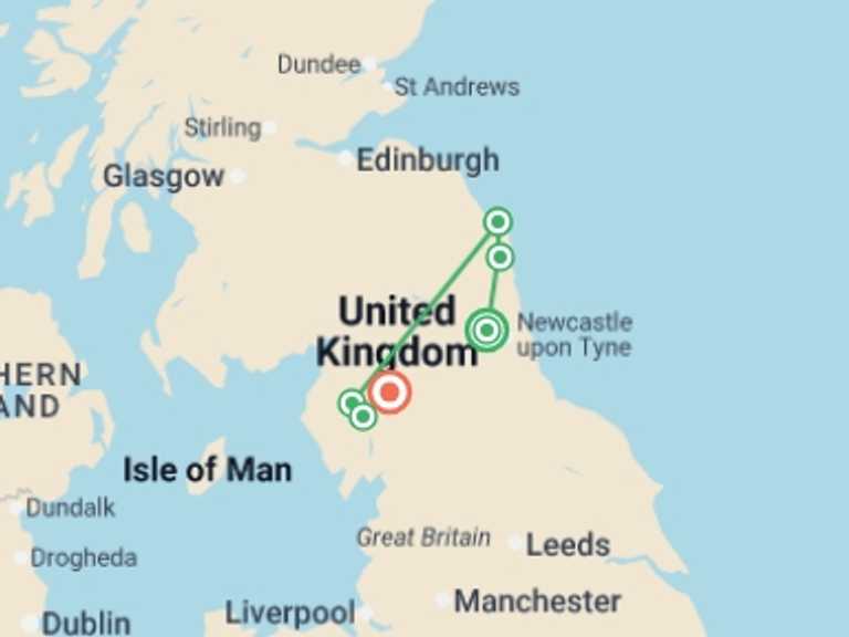 Map itinerary of England Tour in September 2026 with 7 destination visits for the trip: Hike Hadrian's Wall and the Lake District