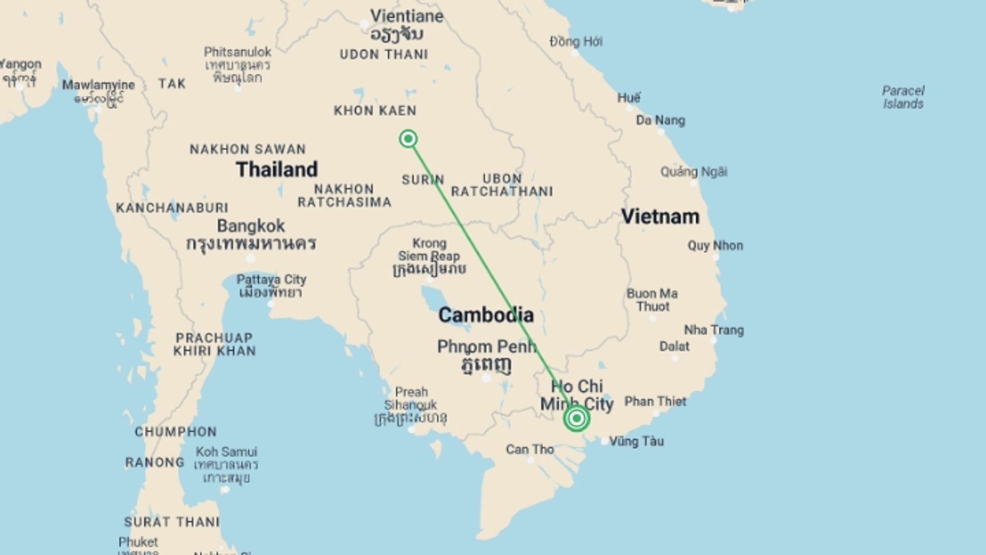 A map showing the tour itinerary for the trip: Mekong River Adventure, starting in Ho Chi Minh City, Vietnam and ending in Ho Chi Minh City, Vietnam going through 1 other destinations.