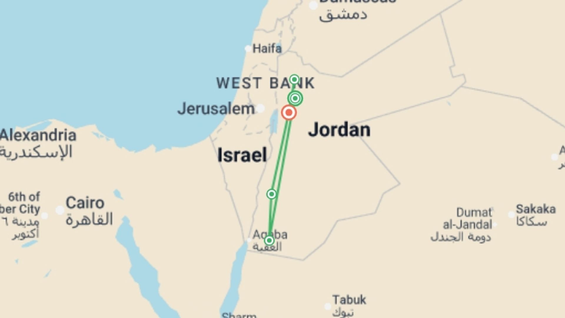 A map showing the tour itinerary for the trip: Explore Jordan, starting in Amman, Jordan and ending in Madaba, Jordan going through 5 other destinations.
