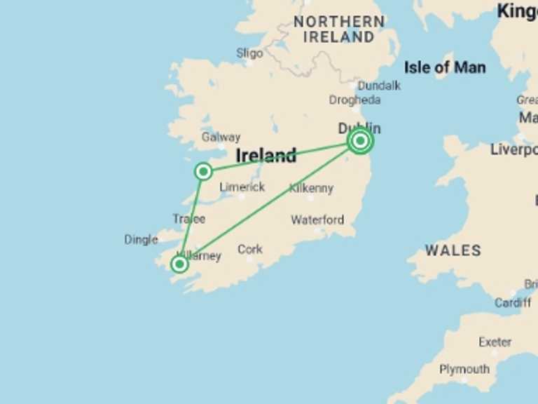 Map of Ireland Tour with 4 destination visits for the trip: 7- Day Ireland to Island